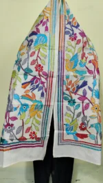Pure D Tussar Silk Kantha Stole – Multicolor Bird & Floral Hand Embroidery on Cream Base