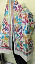 Pure D Tussar Silk Kantha Stole – Multicolor Bird & Floral Hand Embroidery on Cream Base - Image 7