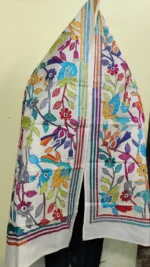 Pure D Tussar Silk Kantha Stole – Multicolor Bird & Floral Hand Embroidery on Cream Base - Image 8