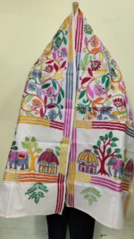 Pure D Tussar Silk Kantha Stole – Multicolor Folk Art & Floral Hand Embroidery on Cream Base