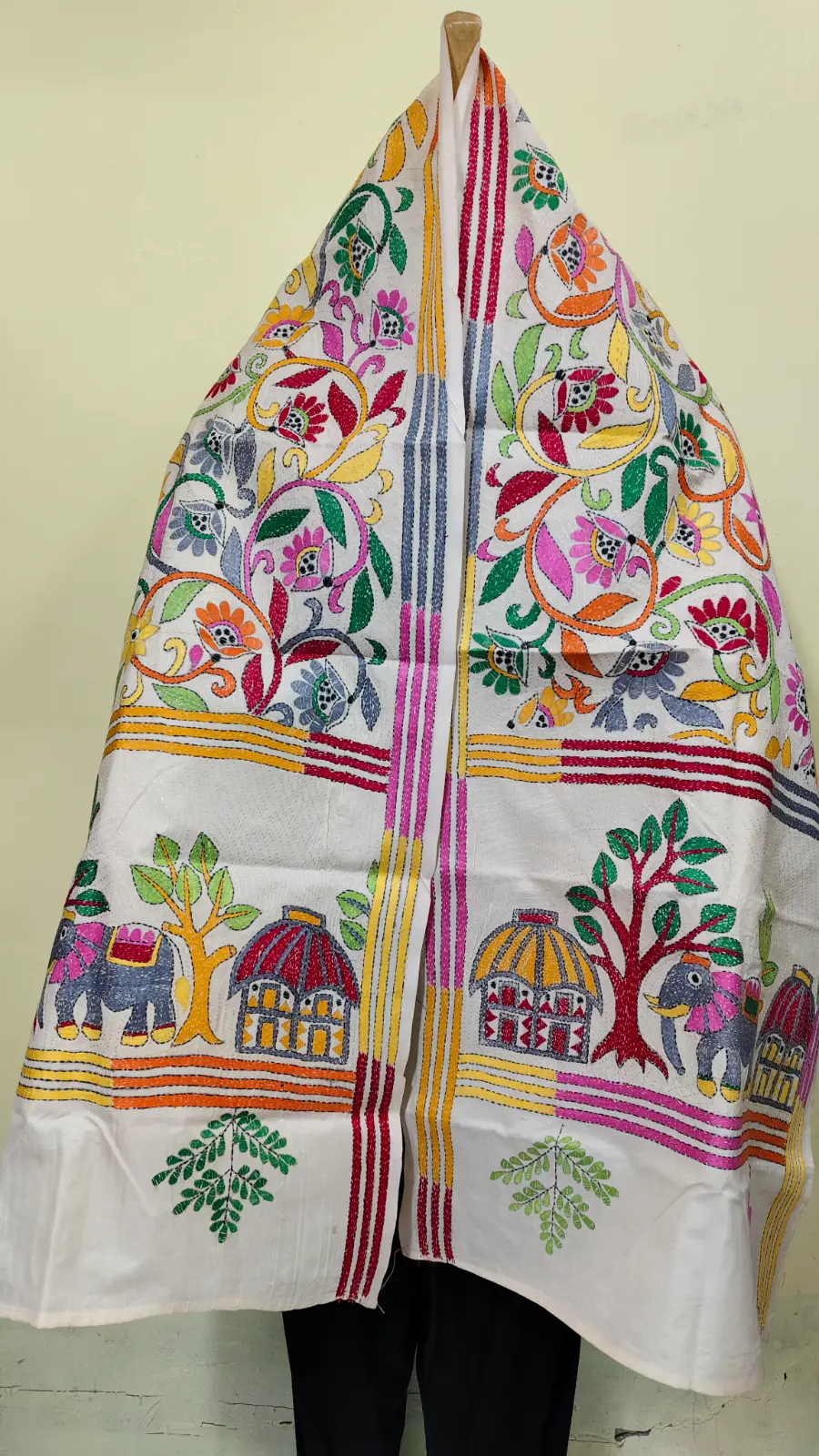 1000768933.webp Pure D Tussar Silk Kantha Stole – Multicolor Folk Art & Floral Hand Embroidery on Cream Base - Image 1