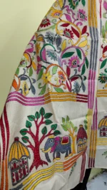 Pure D Tussar Silk Kantha Stole – Multicolor Folk Art & Floral Hand Embroidery on Cream Base - Image 8