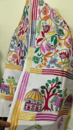 Pure D Tussar Silk Kantha Stole – Multicolor Folk Art & Floral Hand Embroidery on Cream Base - Image 7