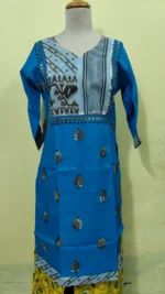 Royal blue Cotton Kantha Stitch Kurti - Jamdani design