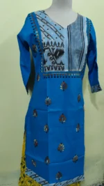 Royal blue Cotton Kantha Stitch Kurti - Jamdani design - Image 3