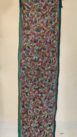Forest Green Silk Kantha Stitch Stole – Floral Embroidery - Image 2