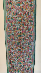 Forest Green Silk Kantha Stitch Stole – Floral Embroidery