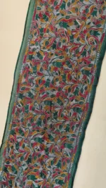 Forest Green Silk Kantha Stitch Stole – Floral Embroidery - Image 4