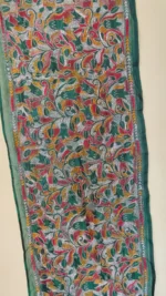 Forest Green Silk Kantha Stitch Stole – Floral Embroidery - Image 3