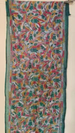 Forest Green Silk Kantha Stitch Stole – Floral Embroidery - Image 5