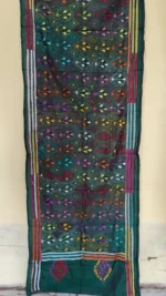 Dark Green Silk Kantha Stitch Stole with Multicolor Floral Motifs