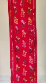Red Silk Kantha Stitch Stole - Flowers and long leaves design