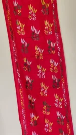 Red Silk Kantha Stitch Stole - Flowers and long leaves design - Image 3