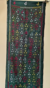 Emerald Green Silk Kantha Stitch Stole – Geometric Tribal Embroidery