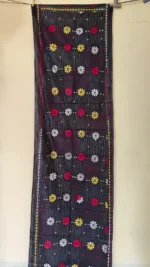 Black Silk Kantha Stitch Stole – Floral Kantha Embroidery
