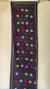 Black Silk Kantha Stitch Stole – Floral Kantha Embroidery