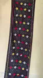 Black Silk Kantha Stitch Stole – Floral Kantha Embroidery - Image 2
