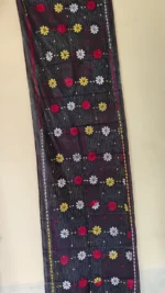 Black Silk Kantha Stitch Stole – Floral Kantha Embroidery - Image 3