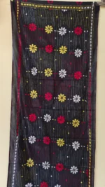 Black Silk Kantha Stitch Stole – Floral Kantha Embroidery - Image 4