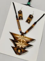 Handmade Bamboo Geometric Jewellery Set – Tribal Pendant Necklace with Earrings - Image 2