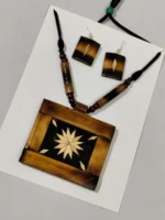 Bamboo Geometric Jewellery Set – Tribal Pendant Necklace with Earrings - Image 3
