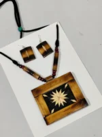 Bamboo Geometric Jewellery Set – Tribal Pendant Necklace with Earrings - Image 2