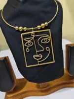 Abstract Line Art Face Brass Pendant Necklace – Artisan Crafted Design - Image 3