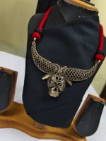 Handmade Dokra Brass Bull Head Necklace Made with Red Thread - Image 2