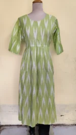 Cotton Gowns for women - Green Cotton Ikat Gown – Handwoven Ikat Pattern Dress - Image 4
