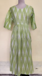 Cotton Gowns for women - Green Cotton Ikat Gown – Handwoven Ikat Pattern Dress