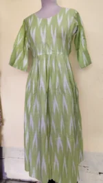 Cotton Gowns for women - Green Cotton Ikat Gown – Handwoven Ikat Pattern Dress - Image 2