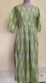 Cotton Gowns for women - Green Cotton Ikat Gown – Handwoven Ikat Pattern Dress - Image 3