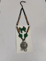 Oxidised Tribal Pendant Necklace Set with Green Leaf Beads & Earrings - Image 4