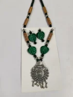 Oxidised Tribal Pendant Necklace Set with Green Leaf Beads & Earrings