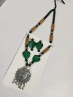 Oxidised Tribal Pendant Necklace Set with Green Leaf Beads & Earrings - Image 2