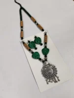 Oxidised Tribal Pendant Necklace Set with Green Leaf Beads & Earrings - Image 3