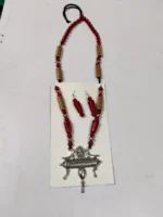 xidised Temple Pendant Necklace Set with Red Beads & Earrings - Image 4