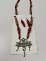 xidised Temple Pendant Necklace Set with Red Beads & Earrings