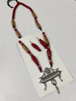 xidised Temple Pendant Necklace Set with Red Beads & Earrings - Image 2