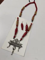 xidised Temple Pendant Necklace Set with Red Beads & Earrings - Image 3