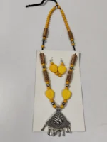 Oxidised Tribal Pendant Necklace Set with Yellow Leaf Beads & Earrings