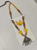 Oxidised Tribal Pendant Necklace Set with Yellow Leaf Beads & Earrings - Image 2