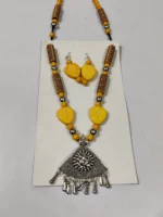 Oxidised Tribal Pendant Necklace Set with Yellow Leaf Beads & Earrings - Image 3