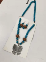 Oxidised Butterfly Pendant Beaded Necklace Set with Earrings - Image 2