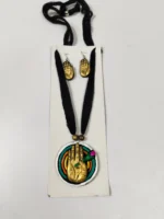 Handcrafted Black Terracotta Jewellery Set with Earrings – Artistic Hand Motif Pendant