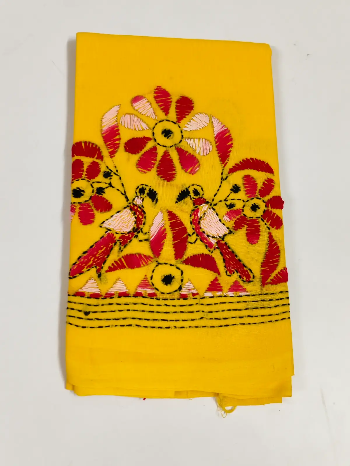 1000797748.webp Handmade Yellow Cotton Kantha Stitch Blouse Material - Image 1
