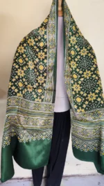 Ajrakh Modal Silk Stole Hand block (Mashru Silk) Green