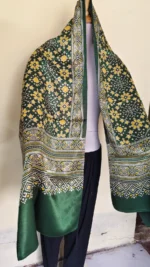 Ajrakh Modal Silk Stole Hand block (Mashru Silk) Green - Image 3