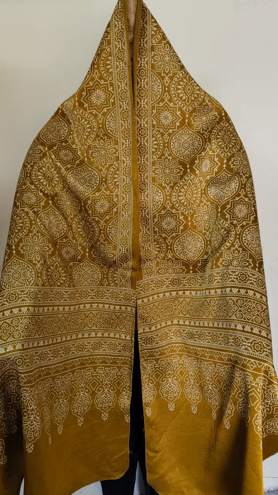 1000799799.webp Ajrakh Modal Silk Stole Hand block (yellow Sonali colour) - Image 1