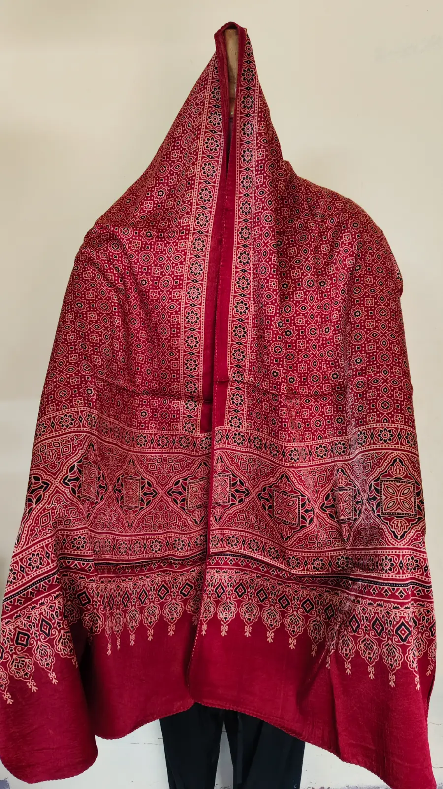 1000799809.webp Ajrakh Hand block Printed Mashru Modal Silk Stole – Red Maroon - Image 1